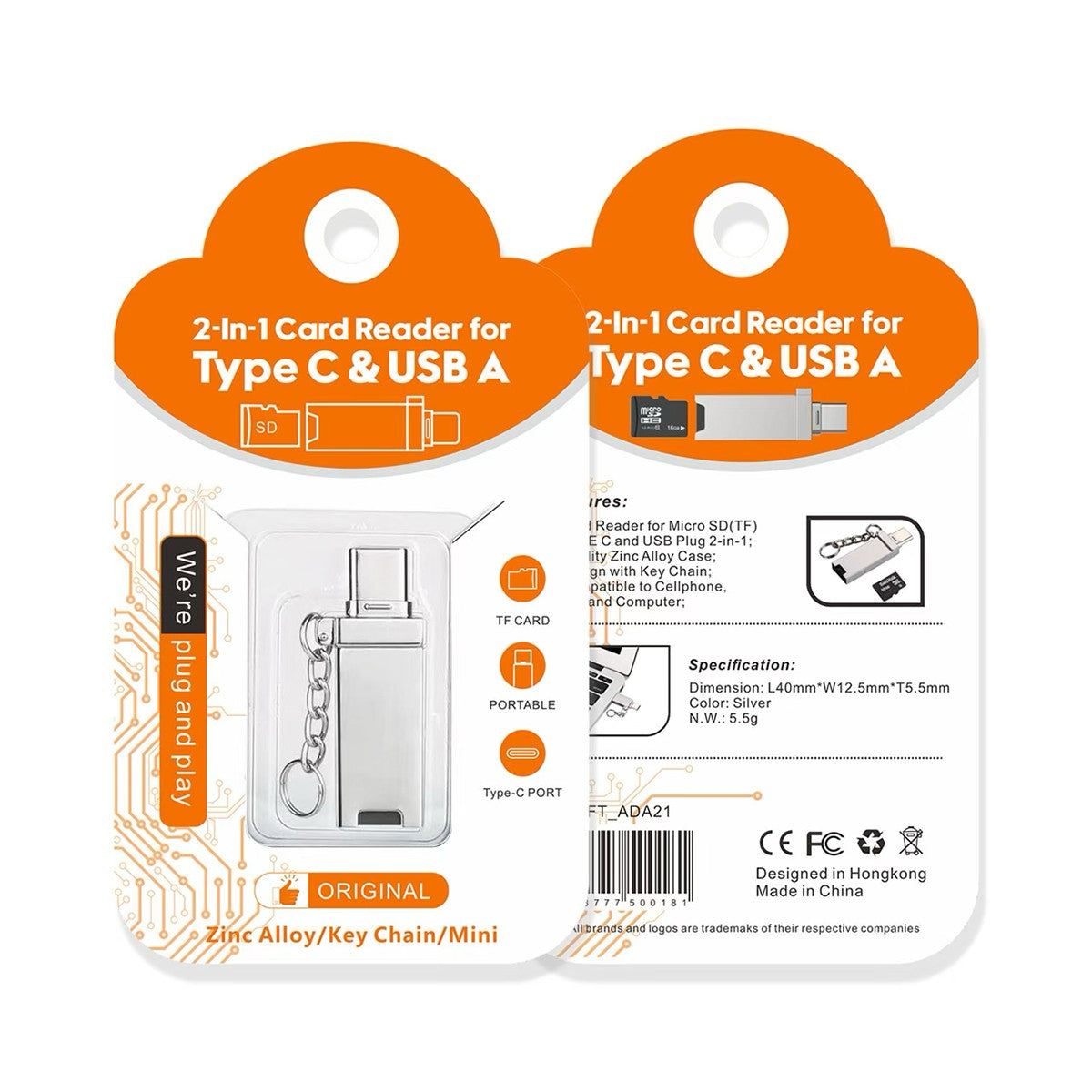 Retail packaging of FT-ADA21 2-in-1 Card Reader for Type-C & USB A by Hugmie, showing features like TF card support and dual interface